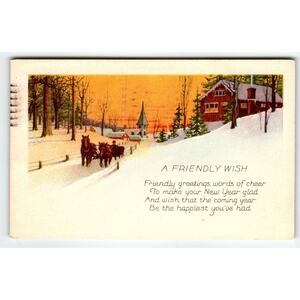 Vintage 1907-1915 Divided Back New Year Postcard Snowy Horse Sleigh Scene